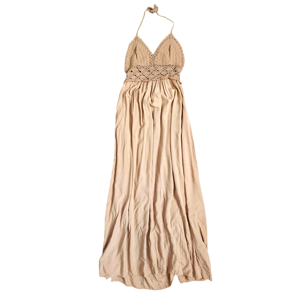 LIL BETTER crochet cottagecore boho resortwear Tan Maxi Dress‎ M